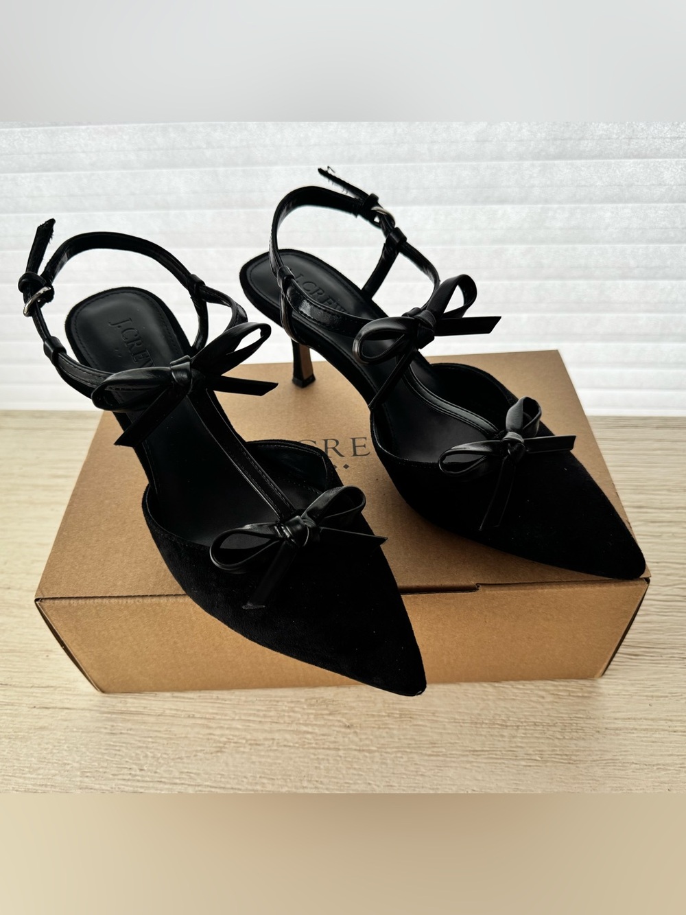 J. Crew Black Suede Pointed-Toe Bow Slingback Pumps